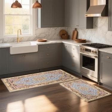 Imagem de Cehomi Tapetes de cozinha, conjuntos de 2 tapetes de cozinha Boho antiderrapantes laváveis para chão, pia, casas de fazenda e tapetes de lavanderia de corredor 18 x 76 cm + 46 cm x 122 cm