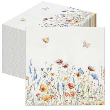 Imagem de Guardanapos de papel florais, 100 peças, design de flores silvestres de 16,5 x 16,5 cm para casamento, festa de aniversário, nupcial e chá de bebê, flores elegantes toalhas de mão descartáveis para