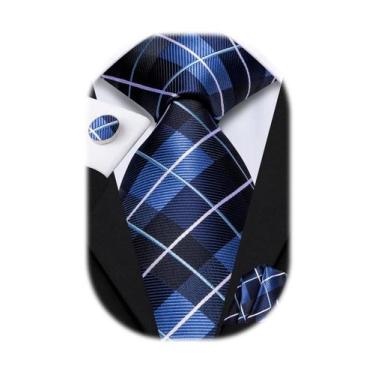 Imagem de Conjunto de gravatas Hi-Tie xadrez preto azul e poliéster de seda para