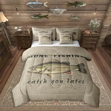 Imagem de Erosebridal Gone Fishing Conjunto de edredom queen com 7 peças, decoração retrô à beira do lago rústico, com tema de caça, casa de fazenda, verde e cinza