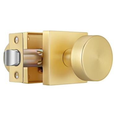 Imagem de Crequal Maçanetas de porta douradas, maçaneta de porta de passagem resistente, maçaneta de porta de armário dourada escovada para corredor, maçaneta quadrada de liga de zinco (1 pacote)