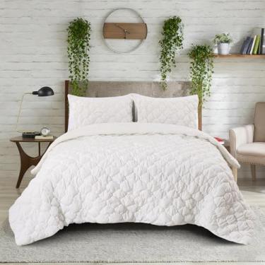 Imagem de Holawakaka Jogo de cama solteiro branco luxuoso, 3 peças, colcha acolchoada de microfibra macia de cor sólida com 2 fronhas, conjunto de edredom leve