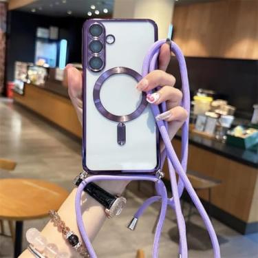 Imagem de Capa magnética de luxo com alça para Samsung Galaxy S25 S24 Fe A06 A07 A16 A17 A25 A24 A26 A35 A36 A54 A55 A56 Capa transversal com cordão (para S21FE/roxa)