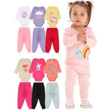 Imagem de Kit Body 6 Peças de Roupas para Bebê Menina 3 Body longo 3 Calça Mijão