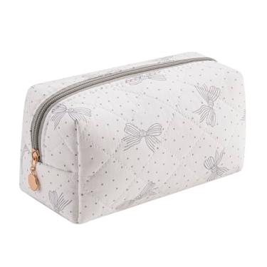 Imagem de Gleyemor Bolsa de maquiagem com laço fofo, pequena bolsa de cosméticos de algodão acolchoado, bolsa de kit de emergência, bolsa de higiene para viagem, presentes para mulheres e meninas, Laço cinza