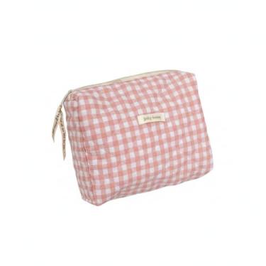 Imagem de Nécessaire Feminina Xadrez Rosa, Bolsa de Cosméticos com Zíper, 22 x 16 x 7,5 cm