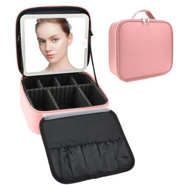 Imagem de Bolsa de maquiagem de viagem SLUMAZI com espelho LED rosa impermeável