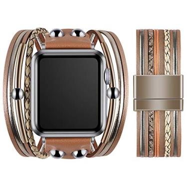 Imagem de VIQIV Pulseira com várias camadas compatível com Apple Watch 38 mm 40 mm relógios esportivos para homens e mulheres, pulseira com fivela magnética para iWatch Series SE 6/5/4/3/2/1, bege