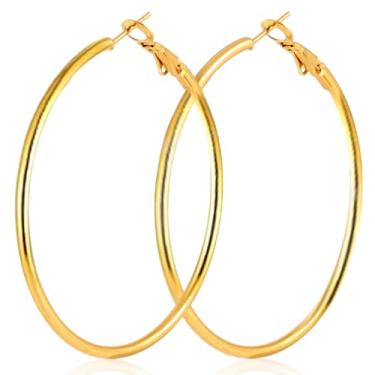 Imagem de Brincos femininos grandes de aço inoxidável de 70 mm, banhados a ouro 14 K, argolas leves, hipoalergênicos, grandes, finos, Aço inoxidável, Sem pedra preciosa