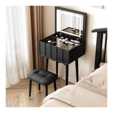 Imagem de Escrivaninha de penteadeira Conjunto de penteadeira madeira com espelho rebatível e banco - elegante maquiagem móveis quarto que economizam espaço(Preto)
