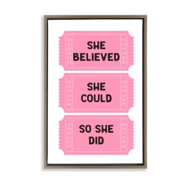 Imagem de Stupell Industries She Believed Girl Power Tickets Marrom Emoldurado Tela Flutuante Arte de Parede Design por Lettered and Lined, 78 x 53 cm