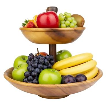 Imagem de Cooks of London Cesta de frutas de 2 camadas, madeira de acácia, tigelas grandes e profundas com suporte giratório Lazy Susan, expositor de armazenamento de balcão de cozinha