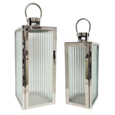 Imagem de Jogo 2 Lanternas Decorativa Inox E Vidro Canelado Luxo 49cm E 38cm - Mabruk