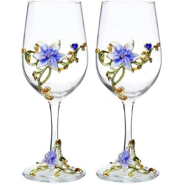 Imagem de Simcat Taças de vinho esmaltadas pintadas à mão em vidro transparente refinado, haste para cabernet, presentes (caixa de presente dupla azul, 2 caixas de presente)