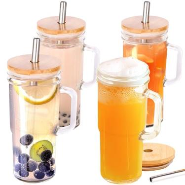 Imagem de Copos de vidro com tampas e canudo (conjunto de 4), copo de 680 g, potes de pedreiro, copo de café gelado com tampa de bambu e canudo