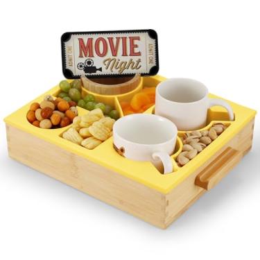 Imagem de Linsongmax Bandejas de lanche noturnas de cinema, bambu, organizador de lanches de silicone de 8 seções com suporte de copo, base antiderrapante e alças, sofá cama assento traseiro de carro para