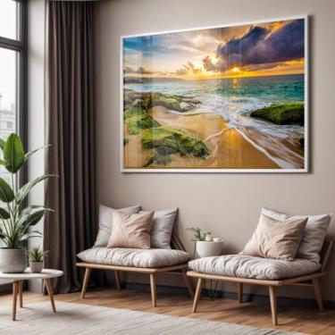 Imagem de Quadro com Moldura e Acrilico Cristal Vidro Sala Quarto Paisagem Praia Por do Sol Pedras Decorativo Horizontal Grande Hall