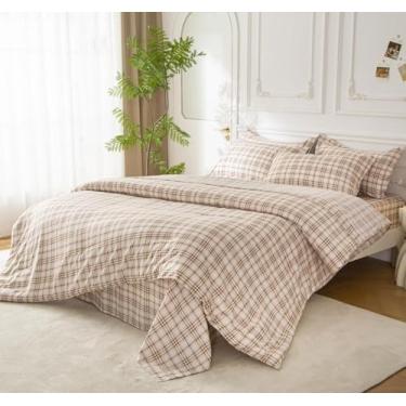 Imagem de SDY Conjunto de edredom casal, 7 peças, xadrez bege claro, microfibra macia e elegante, conjunto de edredom para todas as estações, edredom de tamanho casal com edredom, lençol de cima, lençol com