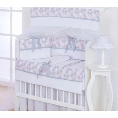 Imagem de Kit Mini Berço 08 peças Bandeirola Rosê com Cinza - carinha de anjo