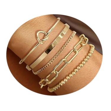 Imagem de 5/6 peças de pulseiras banhadas a ouro para mulheres, pulseira empilhável, clipe de papel, corrente cubana de elos cubanos, joias presentes para mulheres, One Size, Latão, Sem Pedra Preciosa
