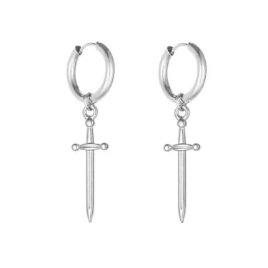 Imagem de Brincos de argola pequenos com pingente de espada de punhal minimalista, para homens e mulheres, pingentes de aço inoxidável, hélice, hipoalergênico, moderno, punk, hip hop, vintage, pendurados