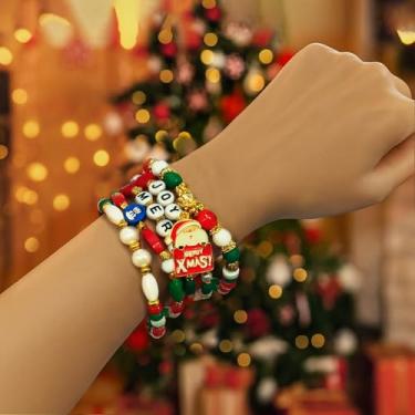 Imagem de 5 pulseiras fofas de Natal, árvore de Natal arco-íris, pulseiras elásticas empilháveis de bonecos de neve para decoração de festas de fim de ano, One Size, Miçanga, Sem Pedra Preciosa