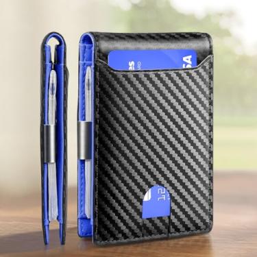 Imagem de Carteira masculina com bloqueio de RFID de metal para cartão de visita, bolso fino, carteira RFID para homens e mulheres, clipes de couro, capa pequena para cartões, Preto de carbono e azul, Moderno