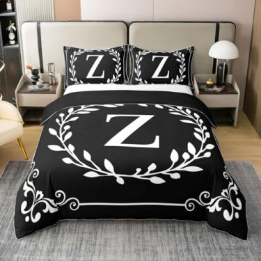Imagem de Conjunto de cama Queen com letra Z em preto e branco, presentes personalizados para mulheres e homens, folhas florais boho, 100% algodão, ramos minimalistas, conjunto de cama com 2 fronhas