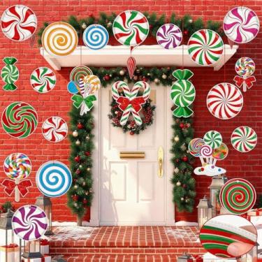 Imagem de 28 peças de enfeites de pirulito de Natal grandes, enfeites coloridos para pendurar mini bengala de doces pingentes de argila de polímero de hortelã-pimenta para árvore de Natal, decoração de casa com