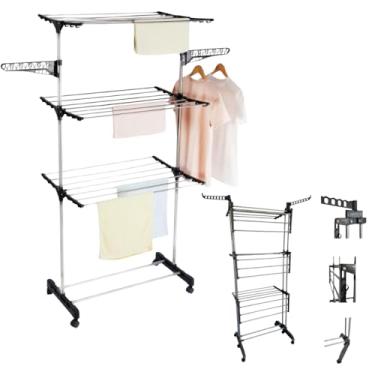 Imagem de Varal de Chão Dobrável com 3 Andares, Preto, ABS e Aço, 6 Prateleiras, Portátil com Rodízios Lavanderia Sacada Apartamento Portátil Dobrável Regulável