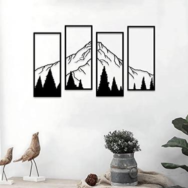 Imagem de ruelen 4 peças de decoração de parede de montanha e floresta de metal desenho de linha arte de parede minimalista decoração de parede rústica natureza casa arte de parede escultura escritório sala de estar quarto