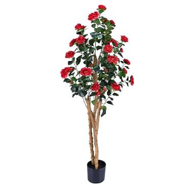 Imagem de Camélia de árvores artificiais realistas com troncos de madeira natural, rosa sintética de seda perene com flores de seda, decoração interna para sala de estar, varanda, escritório (vermelho, 1,5 m x