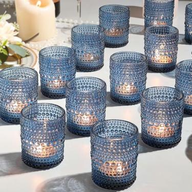 Imagem de Pacote com 12 castiçais votivos azuis – Castiçais votivos de vidro vintage de 5 x 6,3 cm para centros de mesa, suporte de vela de luz de chá, decoração para festa de casamento e chá de panela