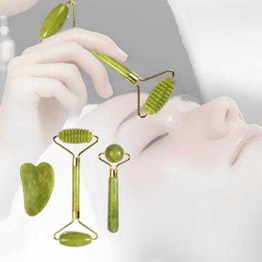 Imagem de Conjunto de massagem de jade com 3 peças de produtos para a pele que reduzem o inchaço, rolo facial e conjunto Gua Sha (Grizzly)