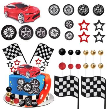 Imagem de Pacote com 27 topos de bolo de corrida carro de corrida palitos de bolo de feliz aniversário para carro de corrida bandeira quadriculada aniversário festa de aniversário decoração de cupcake