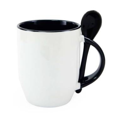 Imagem de Caneca para Bebidas Quentes com Colher (Base Curva) 325 ml a Colher Não Cai Da Caneca. (preto)