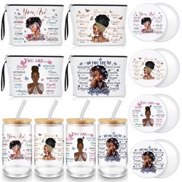 Imagem de SiliFine 12 peças de presentes cristãos para afro-americanos, mulheres negras, copo de vidro cristão de 500 ml, canudos, mulheres negras, afro-rainha, lona, bolsa de maquiagem, espelhos compactos para