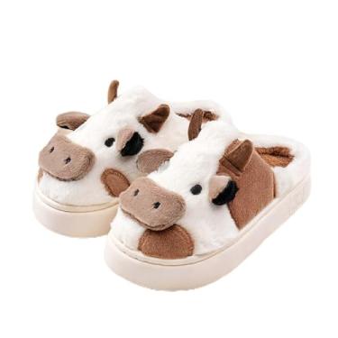 Imagem de Pantufas de vaca para mulheres e homens – com sola espessa de pelúcia macia antiderrapante para casa, sapatos de plataforma felpudos quentes de inverno com espuma viscoelástica confortável, marrom