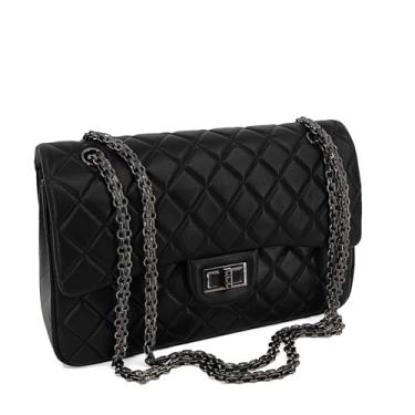 Imagem de M-ioi-M Bolsa tiracolo de couro acolchoada para mulheres, bolsa de ombro com alça dupla ajustável de pele de cordeiro macia, bolsa de ombro com aba de designer, Preto-médio (28 cm), Medium, Luxo