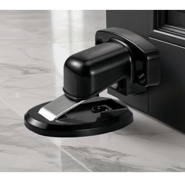 Imagem de Batentes de porta magnético de aço inoxidável dupla face forte suporte adesivo para montagem na parte inferior do chão sem ímã de fita de perfuração mantém aberto design ultrafino, preto