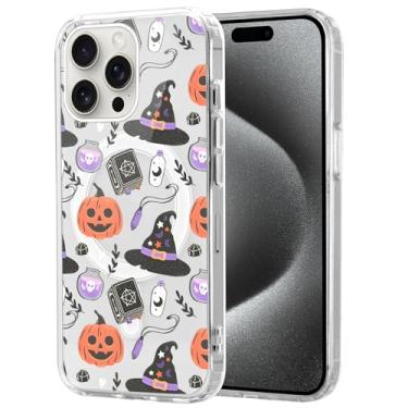 Imagem de Vulfwela Linda capa de telefone transparente de Halloween para iPhone 15 Pro Max de 6,7 polegadas, compatível com MagSafe, capa magnética com estampa de chapéus de abóbora estética fina TPU à prova de
