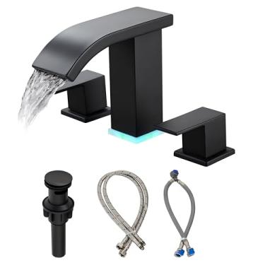 Imagem de Torneiras de banheiro 3 furos torneira de níquel escovado com cascata led torneira de banheiro torneira de banheiro 3 furos banheiro 8 polegadas (ouro escovado) (preto fosco)