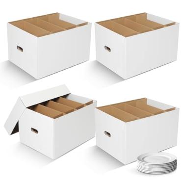 Imagem de Fuyoooo Pacote com 4 caixas grandes para transporte de pratos com divisória de 50 x 38 x 30 cm, caixas de mudança de cozinha com alça reforçada, suprimentos de embalagem para pratos e copos (branco)