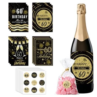 Imagem de Etiquetas adesivas para garrafas de vinho de água com beijos de 60 anos, champanhe, vinho, aniversário, lembrancinhas, presente de aniversário de 60 anos, presente de aniversário para mulheres e