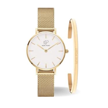Imagem de Kit Relógio Dourado Feminino Casual Elegante 32mm + Bracelete Pulseira Folheada a Ouro New Port