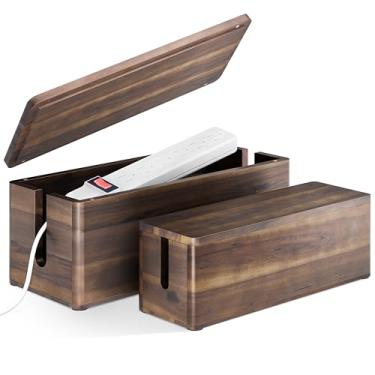 Imagem de TIDITA Caixa de gerenciamento de cabos grande Acacia – Conjunto de 2 caixas de cabos para escritório – Caixa de proteção contra sobretensão para fios de TV, mesa – Caixa de filtro de linha com 2
