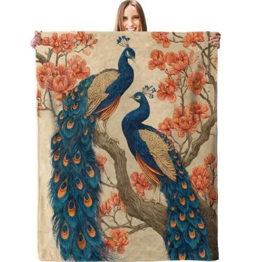 Imagem de Cobertor de pavão elegante, macio, leve, quente, de flanela, 127 x 101 cm, com design de pássaro exótico para sofá, viagem, cama, ao ar livre, presentes para mulheres, meninas, adolescentes e adultos