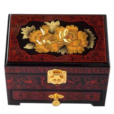 Imagem de Caixa de joias pintada à mão com trava de gavetas, espelho, armazenamento de joias de madeira estilo chinês de 3 camadas com antigo, presente de casamento (preto (peônia shuangjin), C 21 x L 14 x A 14