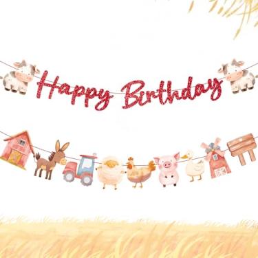 Imagem de 2 peças de banner de animais de fazenda, faixa de animais de celeiro para meninos meninas tema fazenda chá de bebê e suprimentos de festa de aniversário (vermelho feliz)