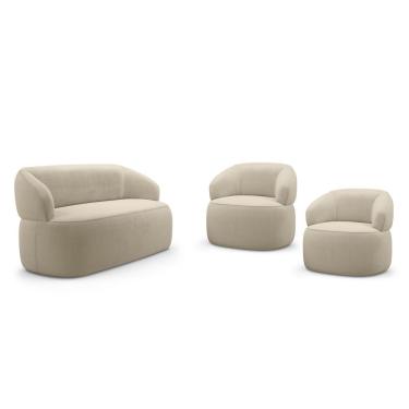 Imagem de Kit 02 Poltronas Giratória E 01 Sofá Orgânico Glee 02 Lugares 140cm Bouclê Bege - Abmaza